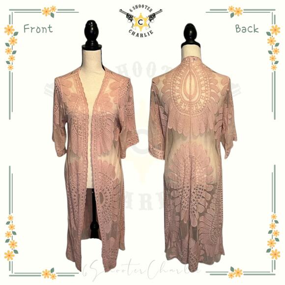 Rebellion Again Pink Sheer Floral Lace Long Open Front Cover Up Womens Sz Medium - Picture 1 of 7